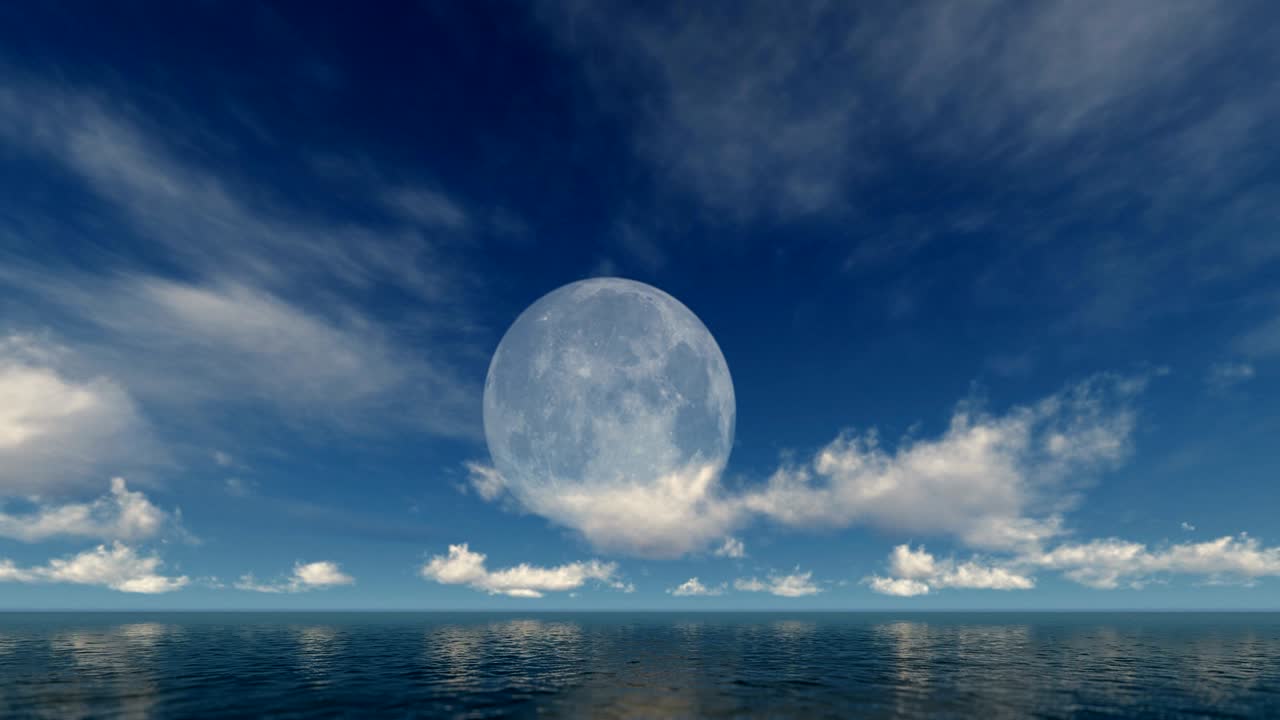 보름달과 타임 스 구름이 물 표면에 반사됩니다.