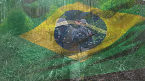 animating brazilian flag over soldiers patrolling forest area