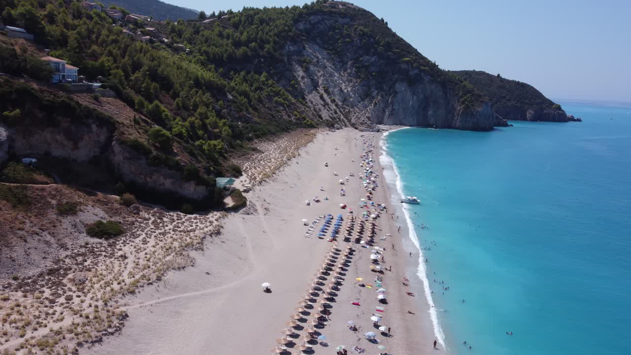 Panoramic view of the secluded Milos beach with fluorescent turquoise sea on the Ionian island of Lefkada, Greece D-Log M