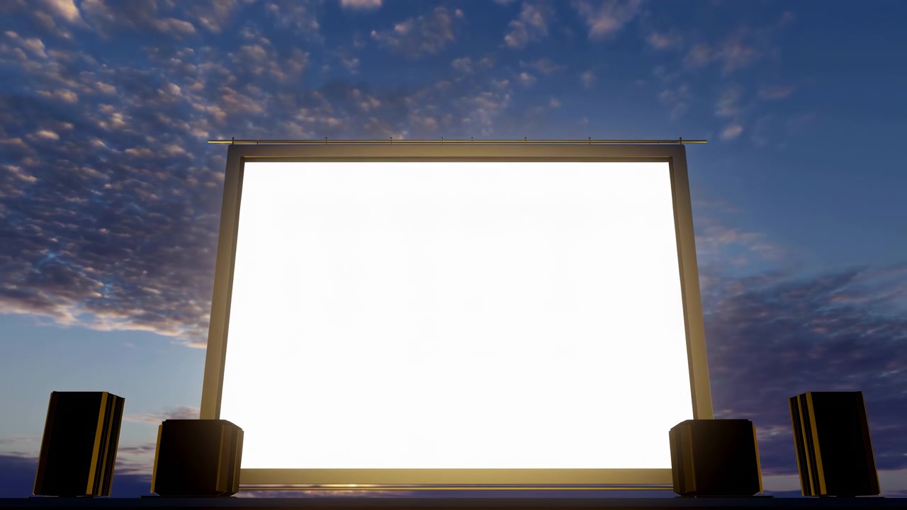 Chronological summary of event setup across clip: illuminated outdoor screen remains centered in lower half of frame from near-start through near-end (2% to