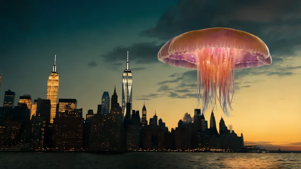 저녁에 뉴욕 스카이라인 위에 있는 거대한 수달