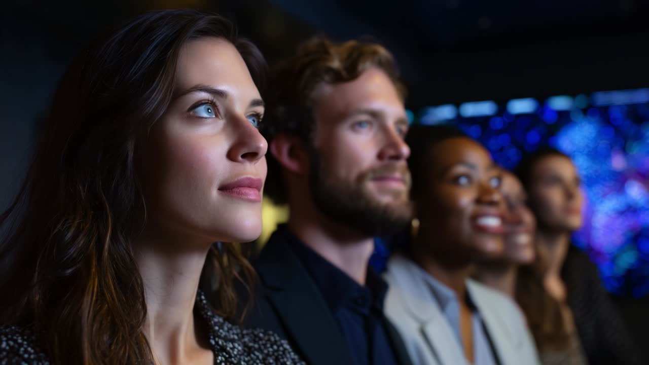 Group of diverse individuals captivated by a captivating visual display, showing a reflective moment of engagement and curiosity as they collectively experience an immersive presentation in a modern setting