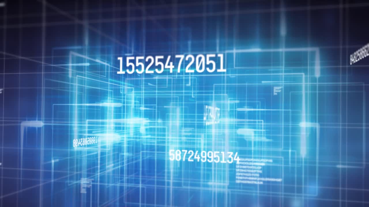 Animation of numbers changing and data processing over glowing grid