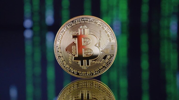 Primo piano di un Bitcoin d'oro lucente davanti a uno sfondo futuristico a matrice verde