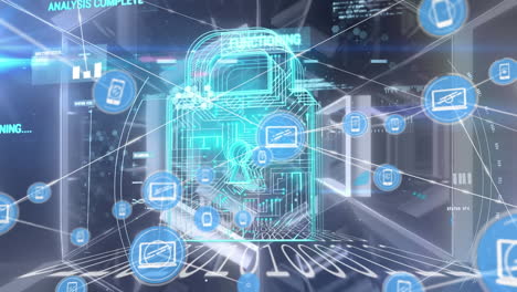 animation of connected icons, computer language, circuit board pattern in padlock on hexagon tunnel