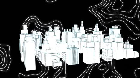 Animation-of-3d-cityscape-drawing-over-map-lines-on-black-background