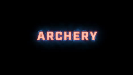 Eine-Kurze,-Hochwertige,-Typografische-Animation-Des-Wortes-„Archery“-Mit-Verschiedenen-Farboptionen-Auf-Schwarzem-Hintergrund,-Ein--Und-Ausgeblendet-Mit-Elektrischen,-Nebligen-Elementen