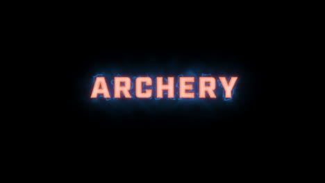 a short high quality motion graphic typographic reveal of the words "archery" with various colour options on a black background, animated in and animated out with electric, misty elements