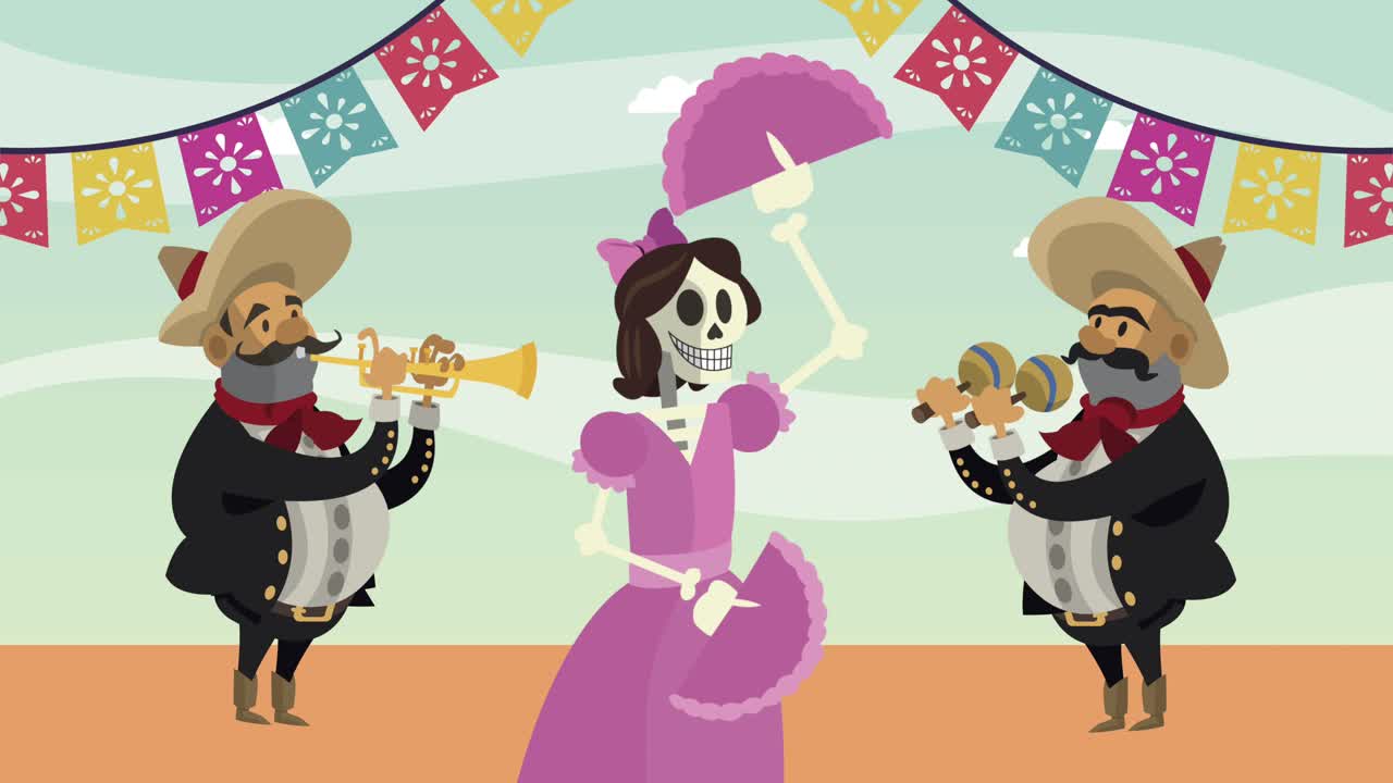 mariachis mexicanos con la dama del esqueleto