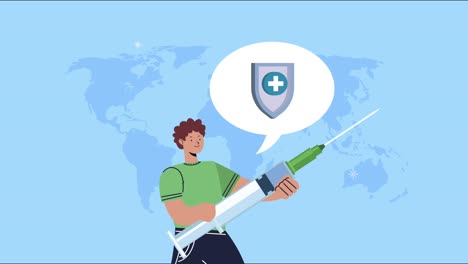covid19 disease animation with man lifting vaccine and shield