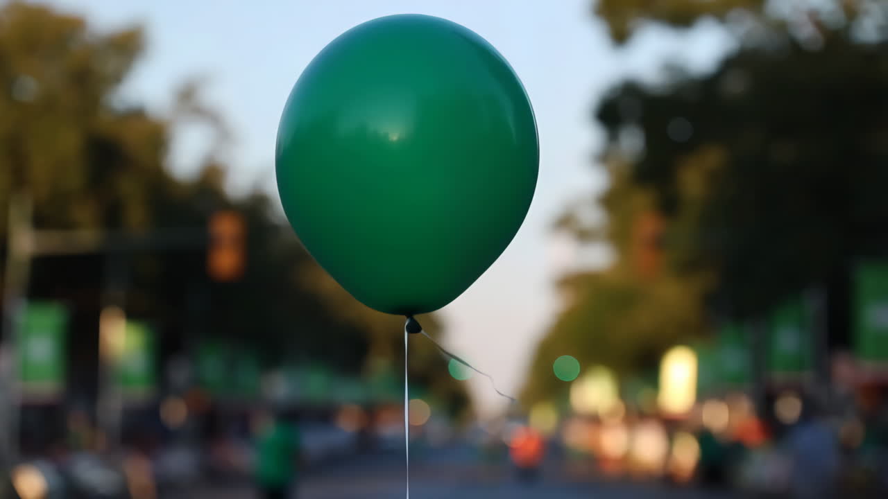 Green Balloon Against a Blurred Street Background