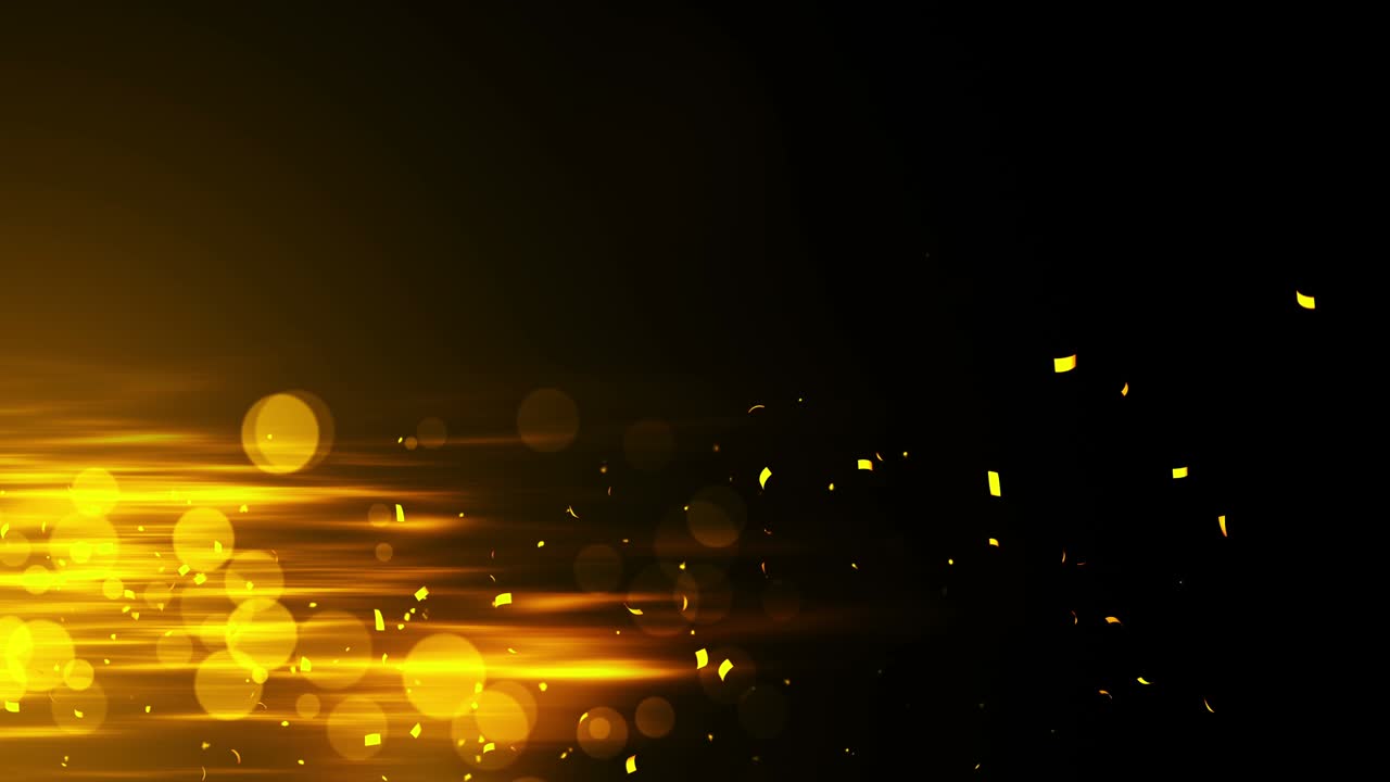 confeti dorado brillante que cae. brillo festivo de color dorado. luces bokeh en fondo negro. diseño de ondas brillantes. animación de bucle. espacio de copia para el texto.