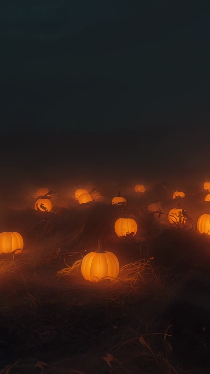 Vertical video: Pulling back and panning shot revealing pumpkin patch at night, with lit lanterns