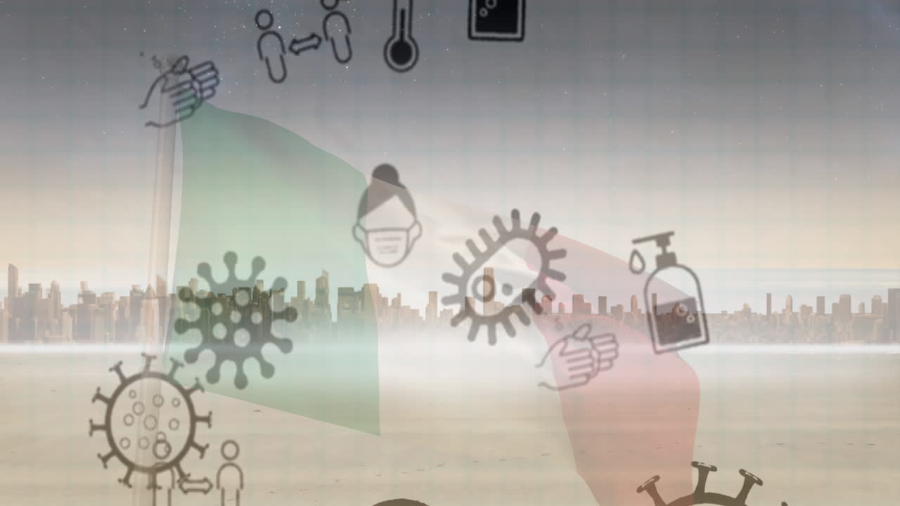 animación de los iconos del virus de la corona y la bandera de francia sobre el paisaje urbano