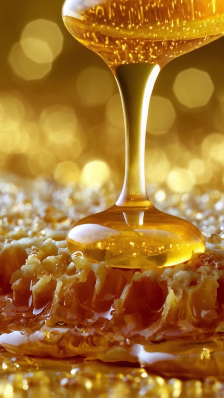 Affascinante goccia di miele dorato: una vista ravvicinata della delizia più dolce della natura, che mostra la texture vellutata e il ricco bagliore del miele puro su uno sfondo a nido d'ape.