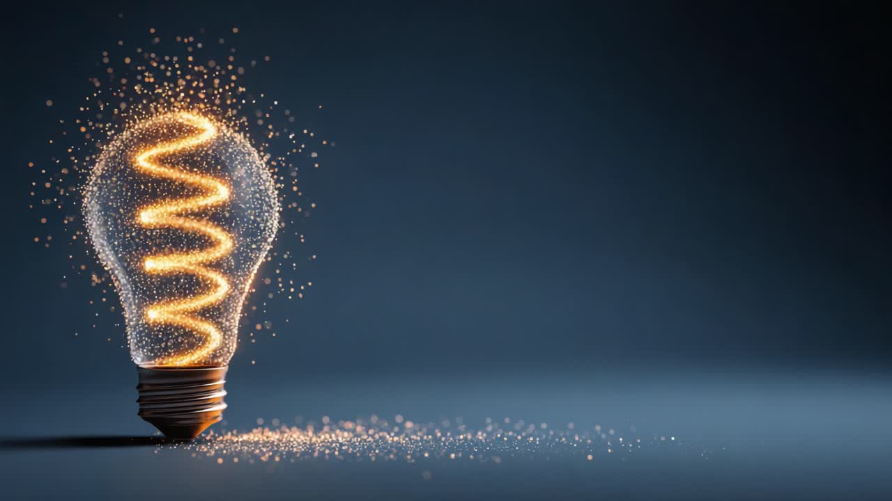 An enchanting sequence capturing the mesmerizing transformation of a light bulb emitting a spiraling glow of vibrant particles, illuminating the dark background with warmth and creativity