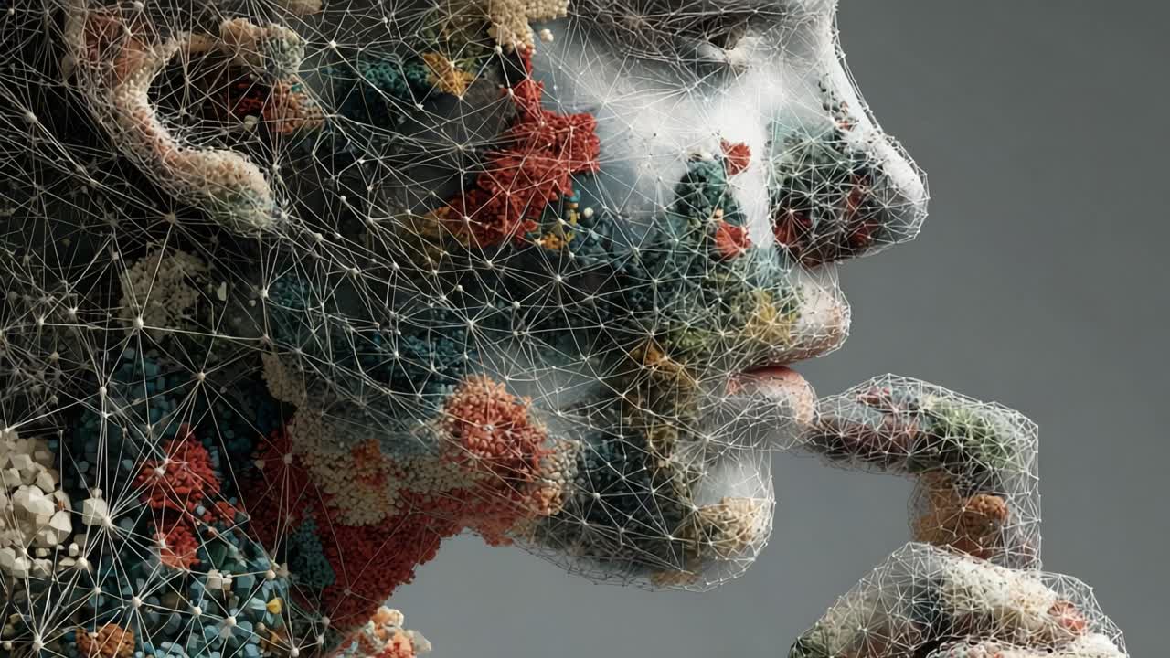 Profile of a conceptual human face, formed by a complex network of particles and connections, touching its chin in a thoughtful pose, symbolizing artificial intelligence and deep thinking