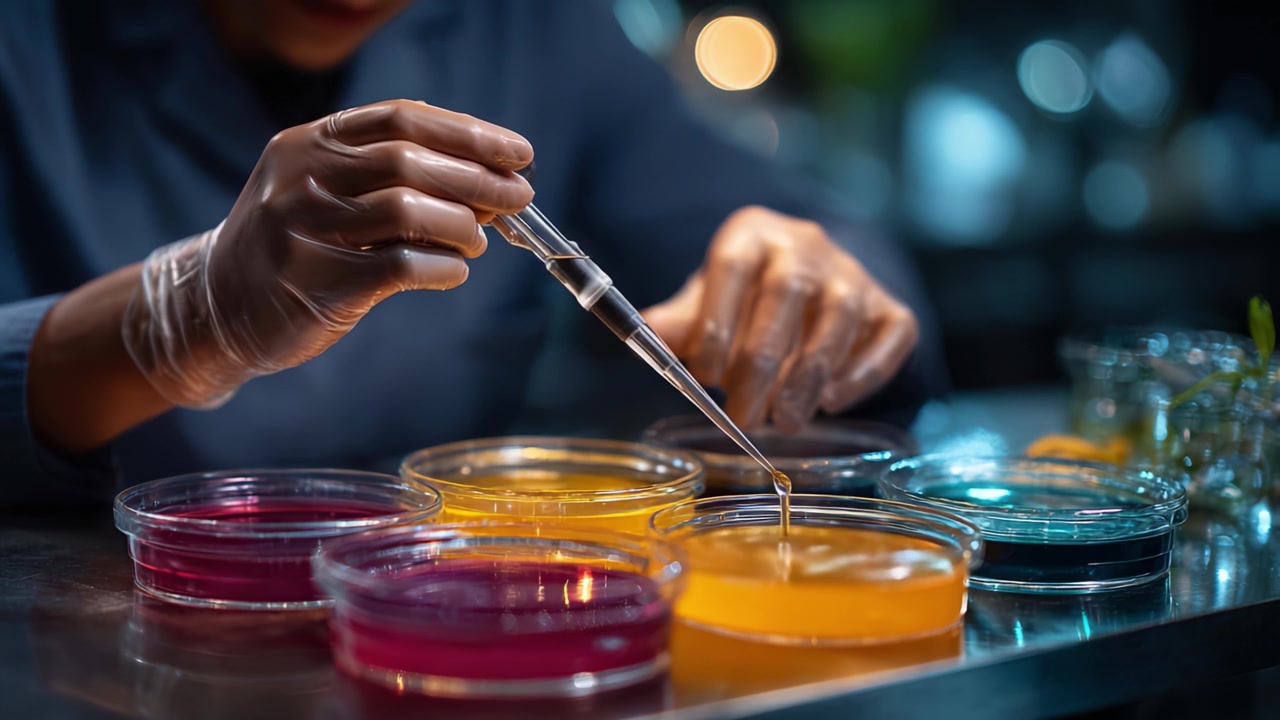 Scientist Conducts Experiment with Colorful Liquids in Petri Dishes Using a Pipette, Showcasing the Intricacies of Lab Work and Chemical Reactions