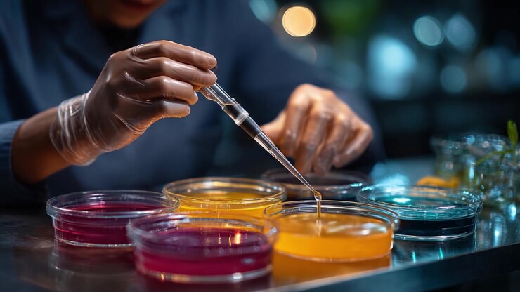 Scientist Conducts Experiment with Colorful Liquids in Petri Dishes Using a Pipette, Showcasing the Intricacies of Lab Work and Chemical Reactions