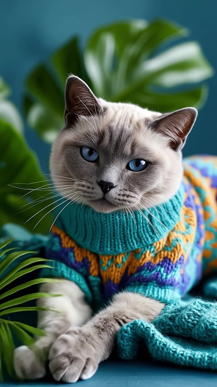 Bellissimo gatto con gli occhi blu che indossa un maglione a collo alto lavorato a maglia colorato seduto vicino a foglie tropicali.