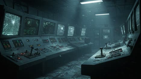 a dimly lit control room filled with dust and broken screens evokes a sense of abandonment and eerie silence in an unused environment of technological decay