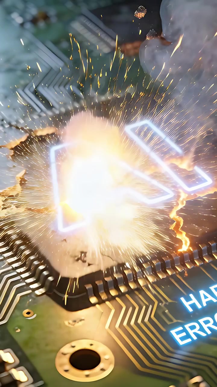 Vertical video: Sparking from fissure central AI chip emitting smoke on PCB, displaying HARD ERROR