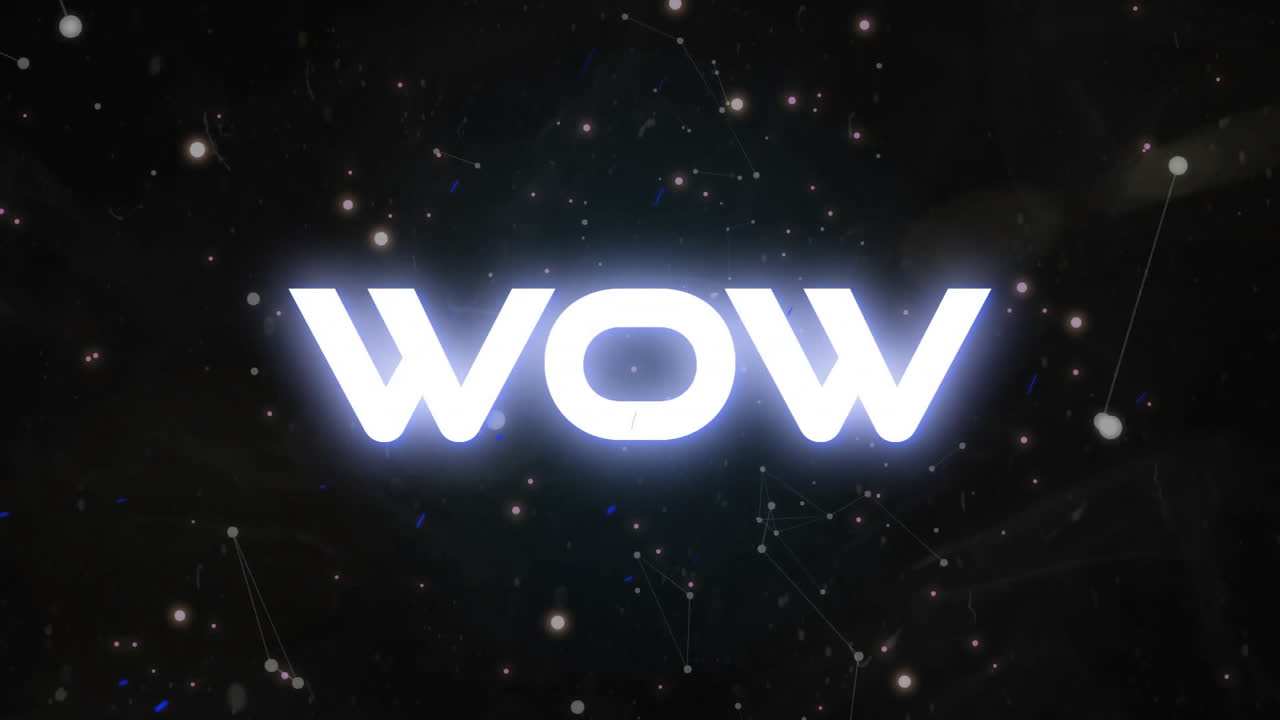 Glowing WOW text floating across cosmic starfield, adding flat design multicolored particle motion