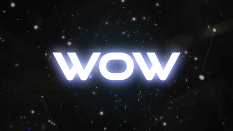 glowing wow text floating across cosmic starfield, adding flat design multicolored particle motion