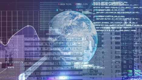 animation of financial data processing and globe over cityscape