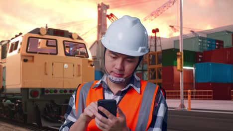 close up of asian male engineer with safety helmet using smartphone while standing with freight cargo train at port