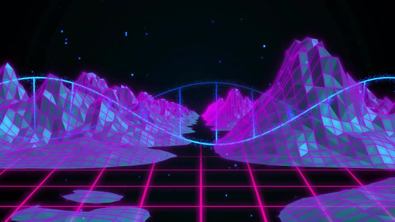 Neon wave emerging from left edge sweeping across grid and peaks creating glowing bridge for demo