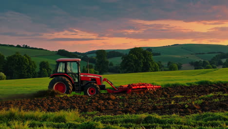 tractor plowing a field at sunset
