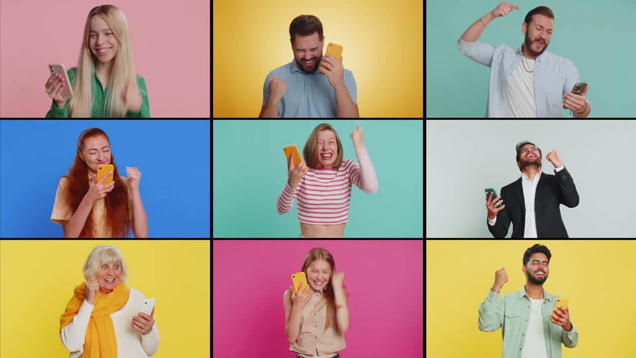 collage de personas sonrientes felices hombres mujeres usan teléfonos móviles celebrando ganar buenas noticias jugar un juego