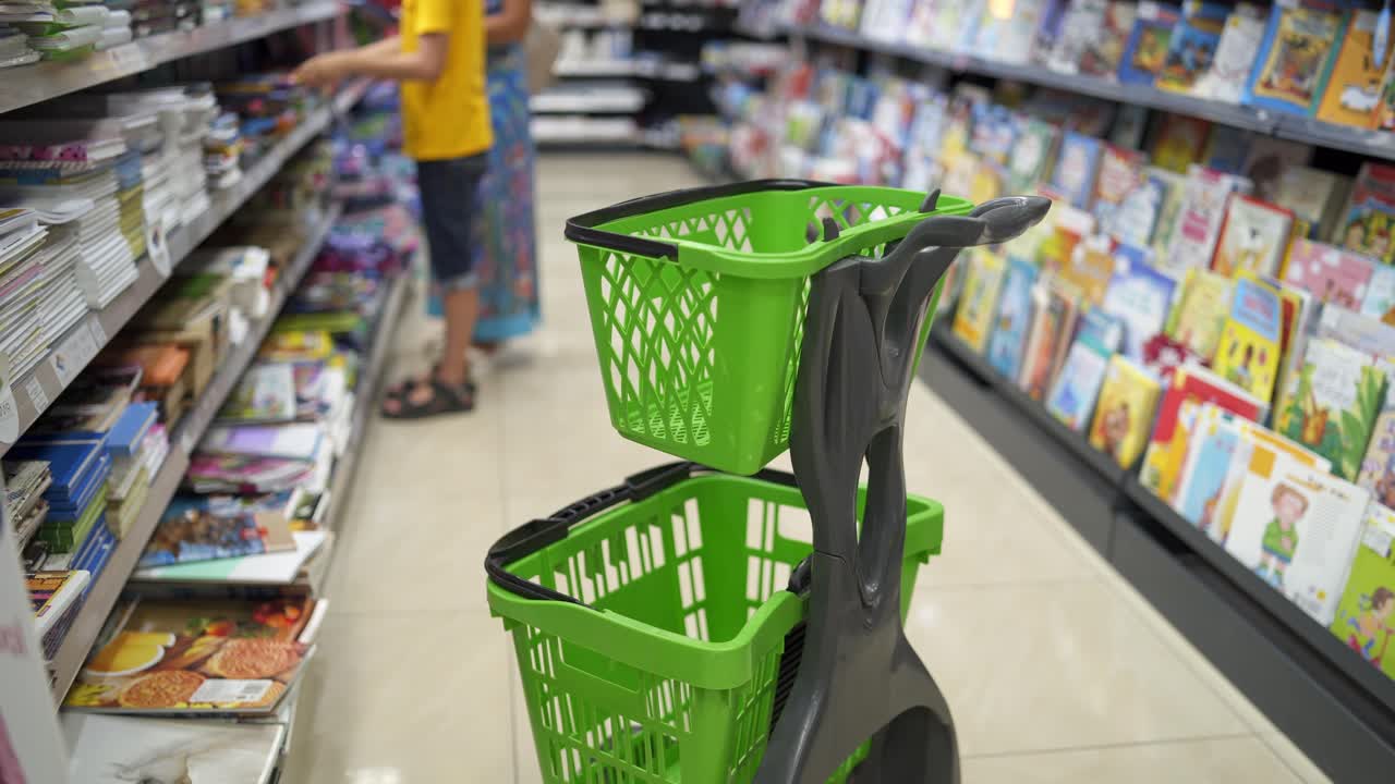Empty shopping cart. Empty grocery shopping cart at supermarket