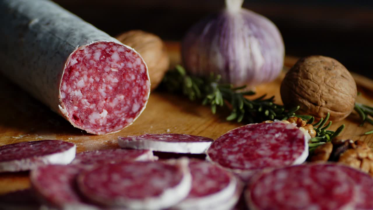 las piezas de salame con romero y nueces giran lentamente.