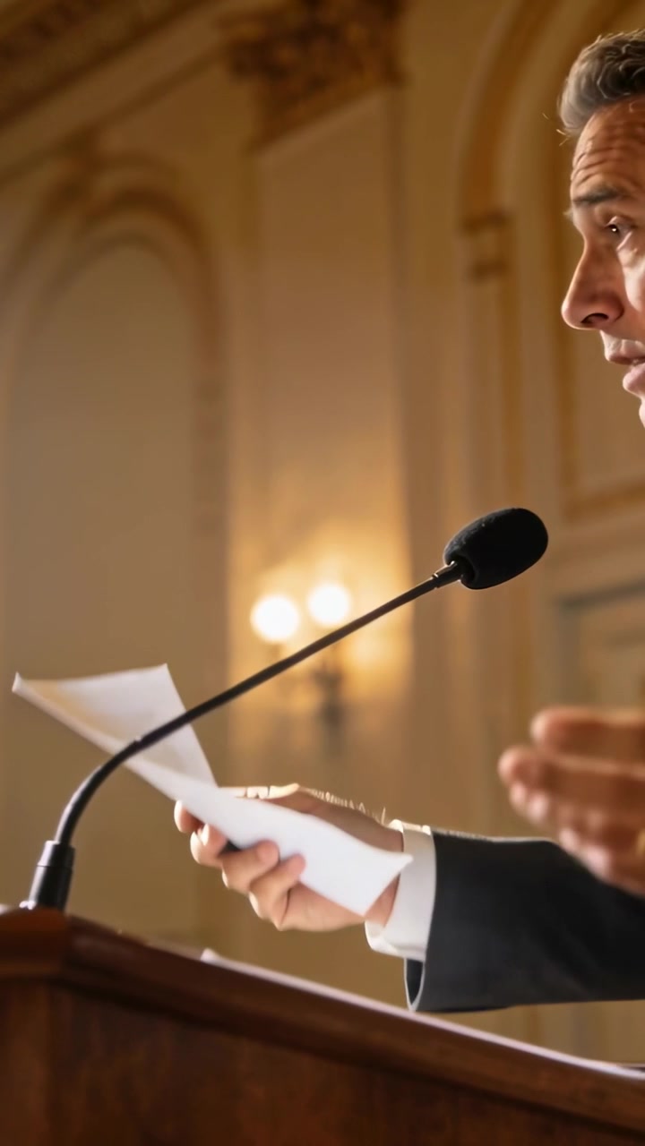 Video verticale: Iniziando un discorso, un uomo in abito legge appunti su un podio in sala con microfono, spazio per il testo.