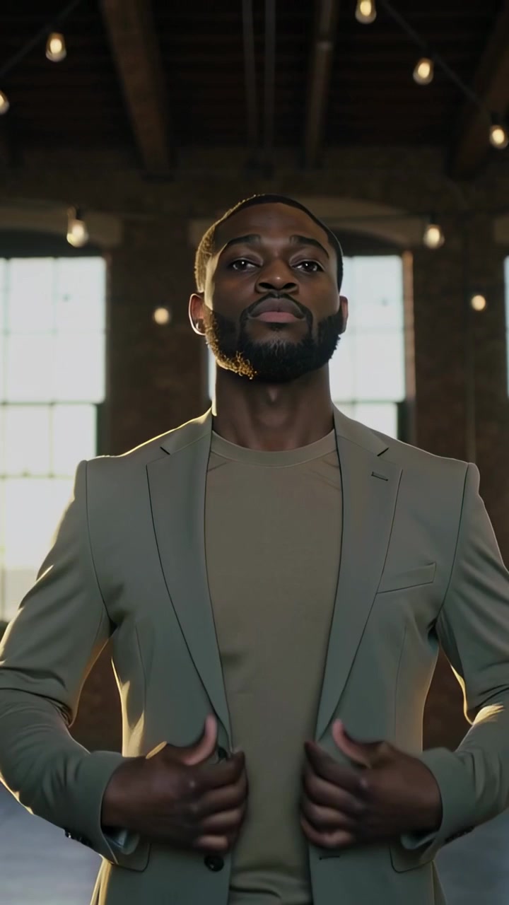Vertical video: Reacting to cue man donning blazer in loft, fixing lapels over tee