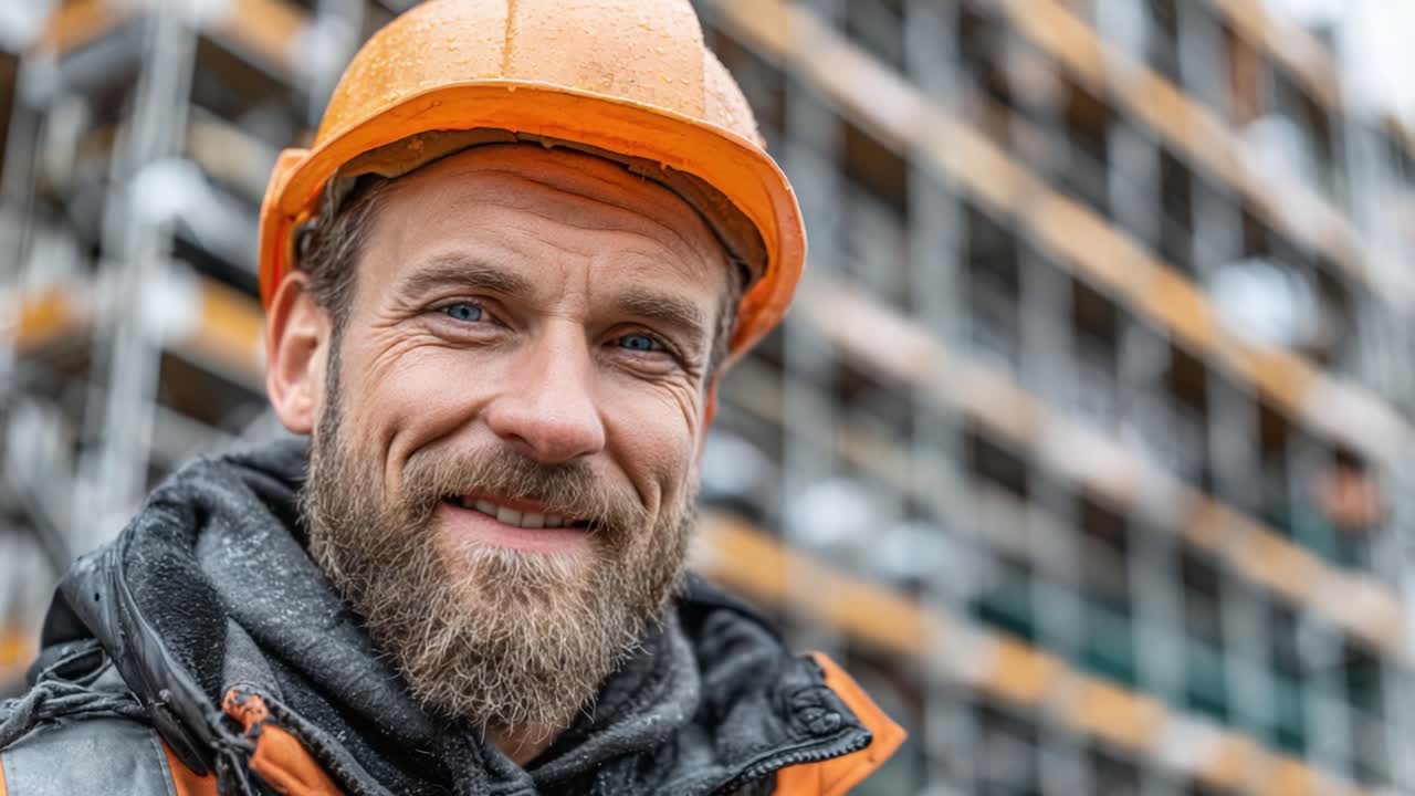 A confident construction worker expertly leading the way on-site, highlighting safety and teamwork with a friendly smile and a focused gesture towards the camera