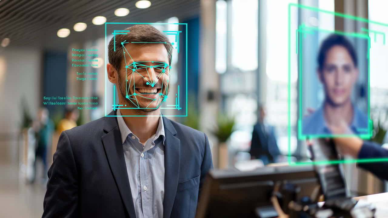 Facial recognition technology in action. Man stands still while facial recognition system scans his features in a modern office environment