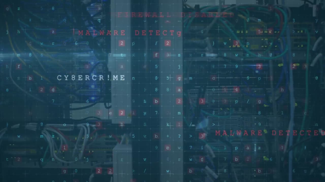 animación de texto de ataque cibernético en línea y procesamiento de datos a través del servidor