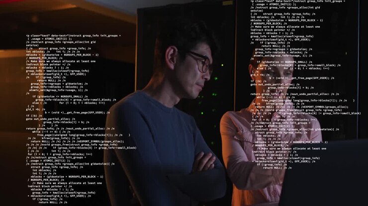 Animation of data processing over diverse male and female engineers discussing at server room