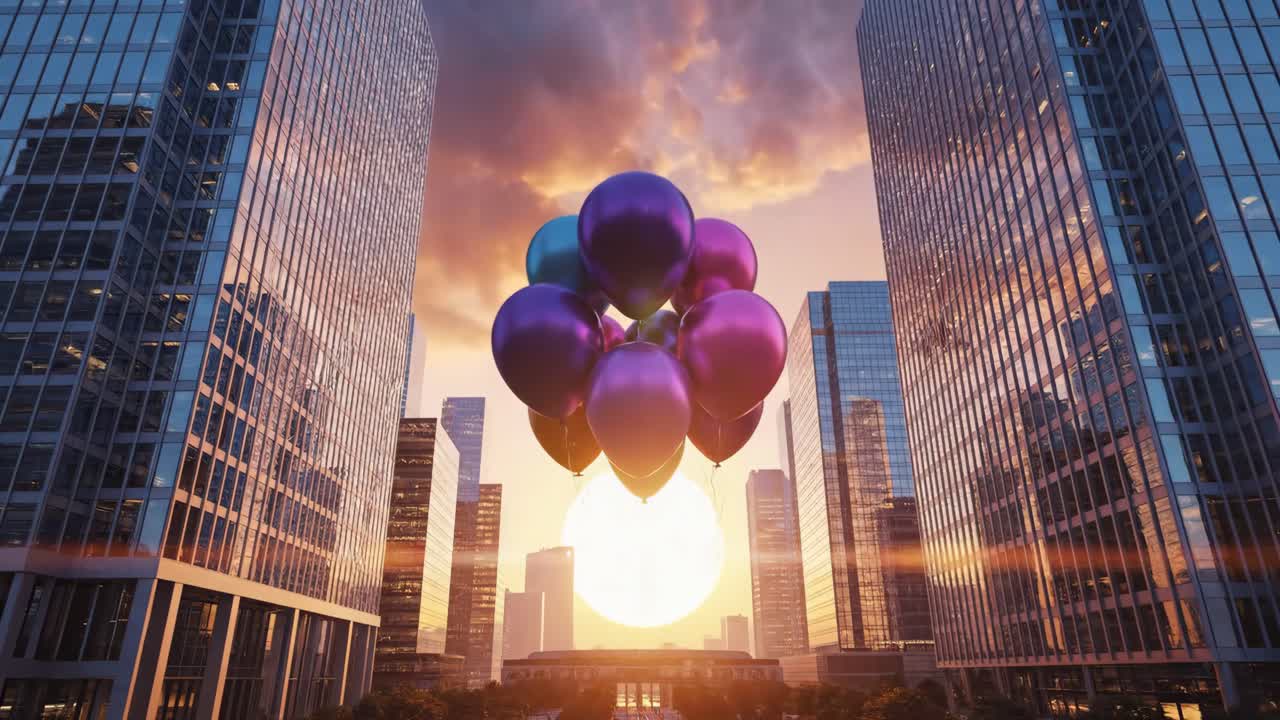 Cityscape with Balloons at Sunset