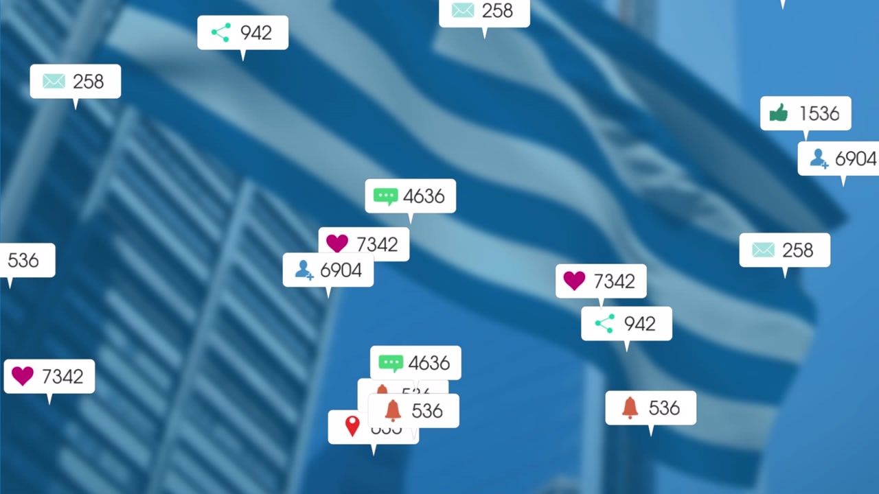 Animation of media icons over flag of greece