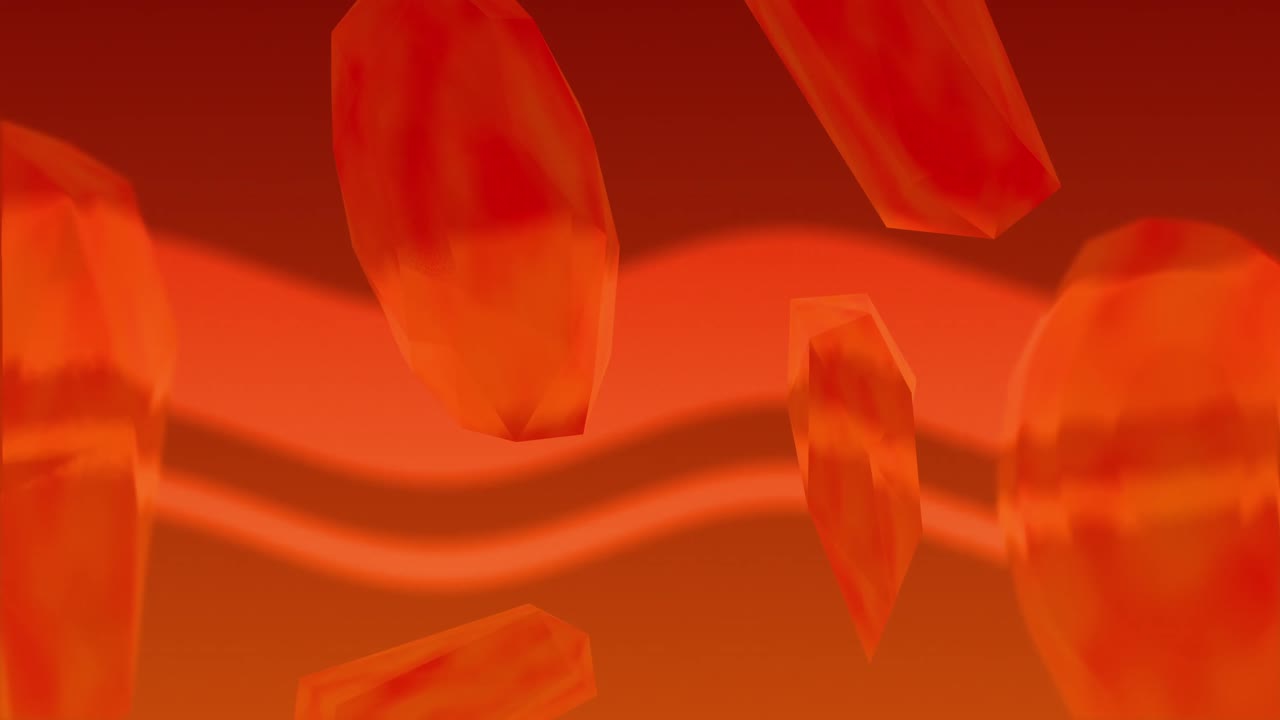 오렌지색 파란색 바탕에 회전하는 오렌지색 반투명한 결정성 유기체 모양