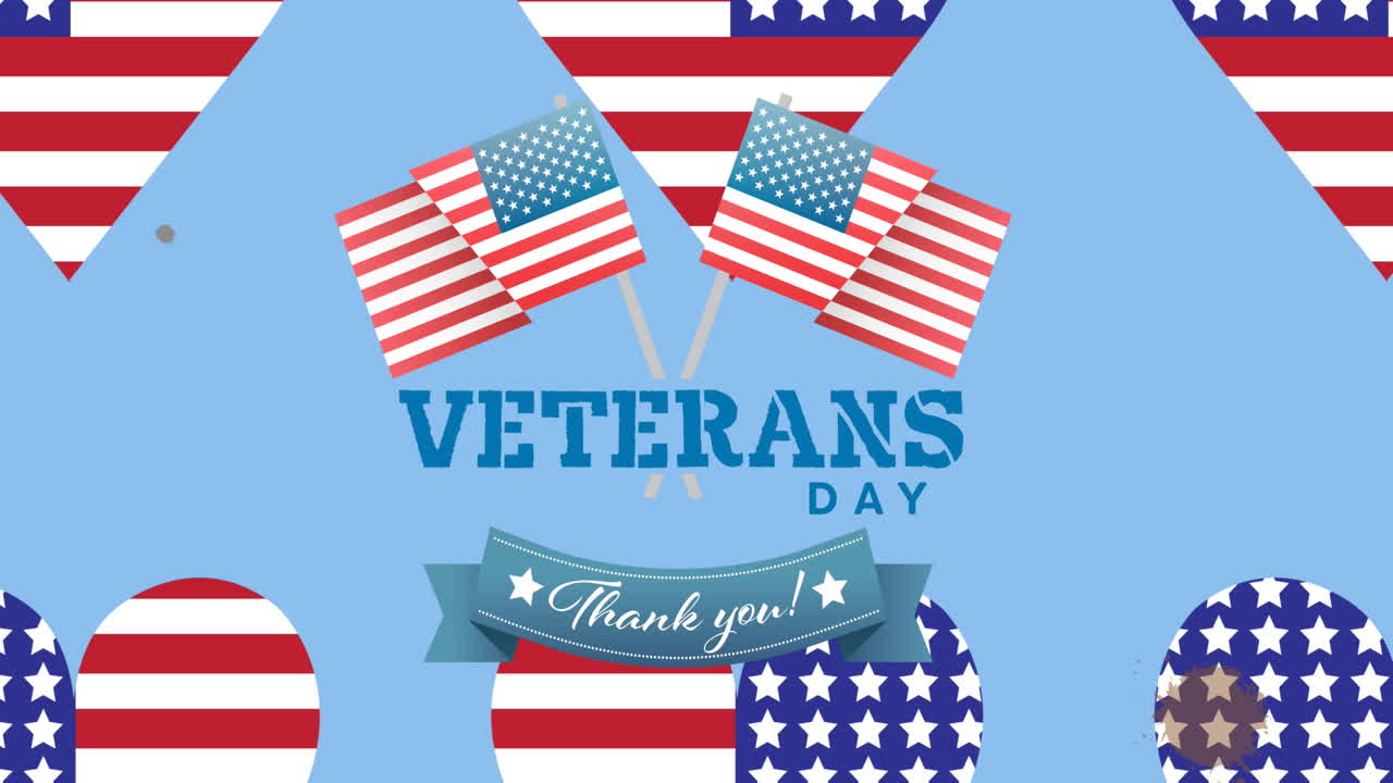 Animation of veterans day thank you text with american flags and flag hearts on blue, then white