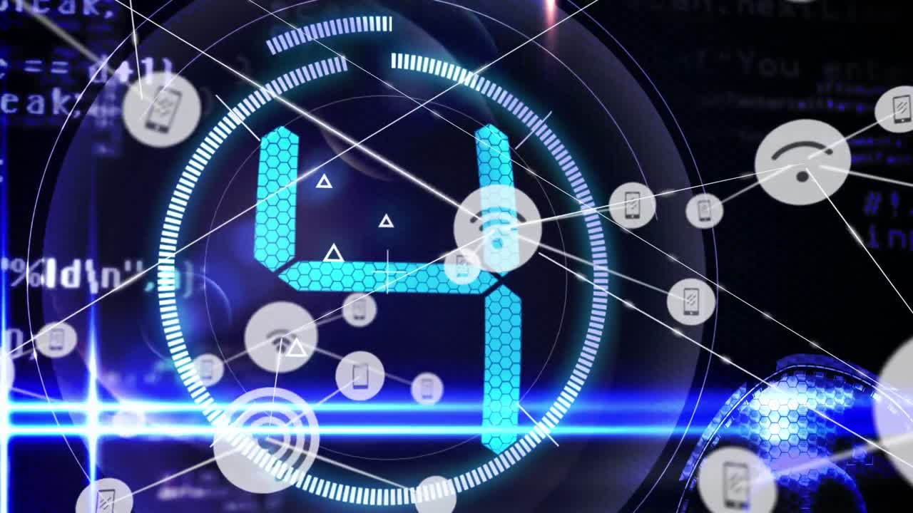 미디어 아이콘과 연결 네트워크의 애니메이션 카운트다운