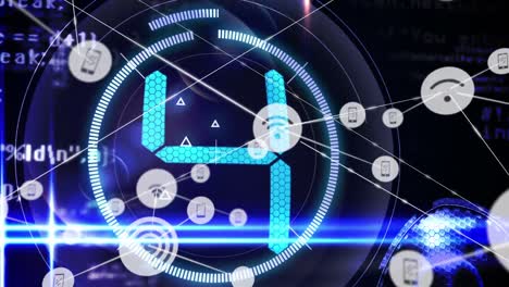 animación de iconos de medios y red de conexiones sobre cuenta atrás
