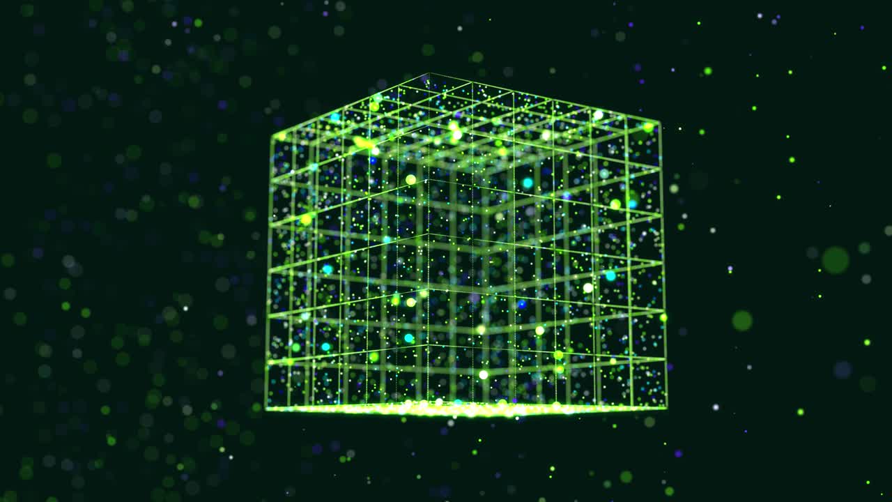 las partículas abstractas de brillo verde forman un objeto 3d. cubo. bucle vj como bg del espacio digital virtual. las partículas forman forma holoram como concepto de big data, red o espacio vr. diseño de movimiento de ciencia ficción bg.