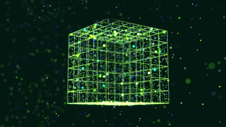 Abstract glow green particles form 3d object. Cube. Vj loop as bg of virtual digital space. Particles form holoram shape as concept of big data, network or vr space. Sci-fi motion design bg.