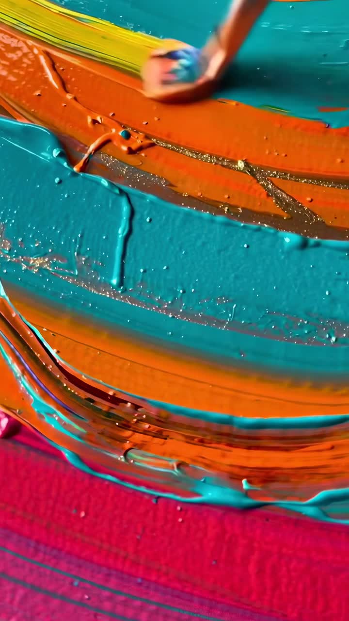 Video ravvicinato di un pennello che dipinge vortici vivaci su tela, mostrando creatività dinamica.